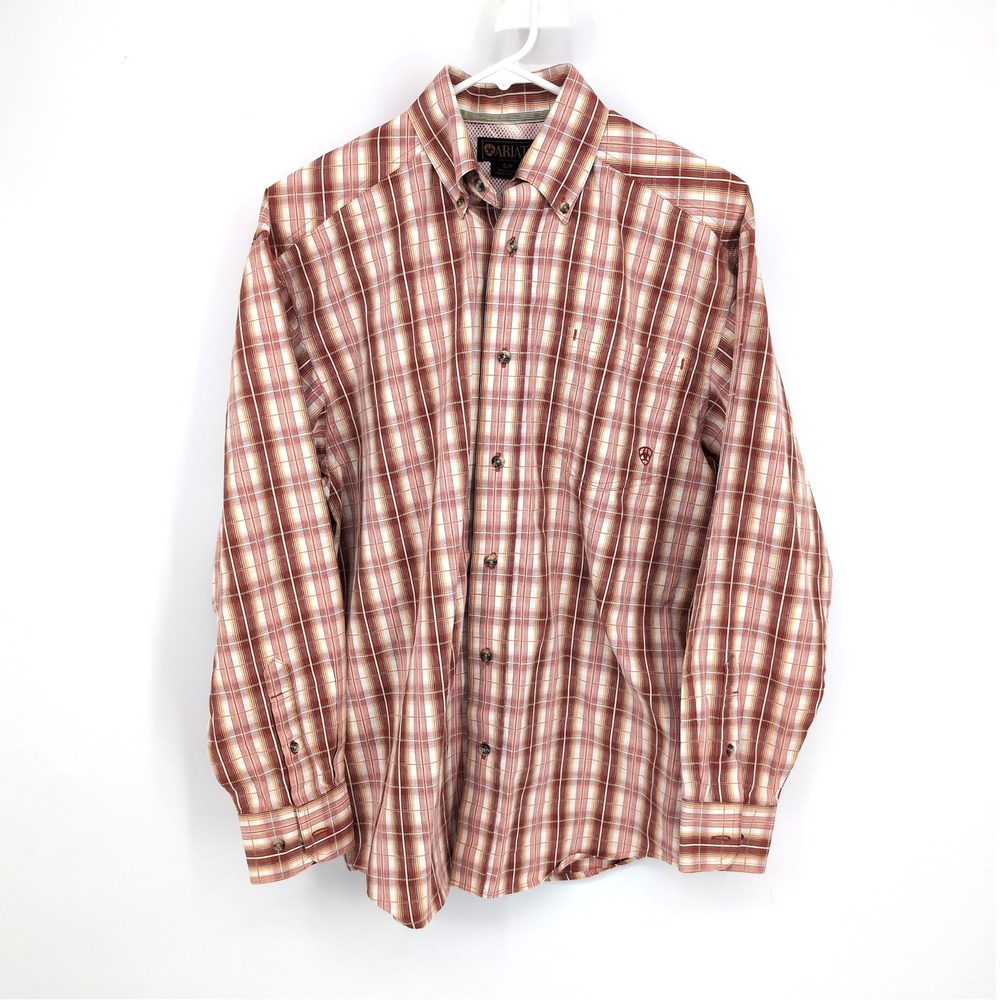 Ariat Button Down Shirt Rust Orange Plaid Long Sleeve Mens Small